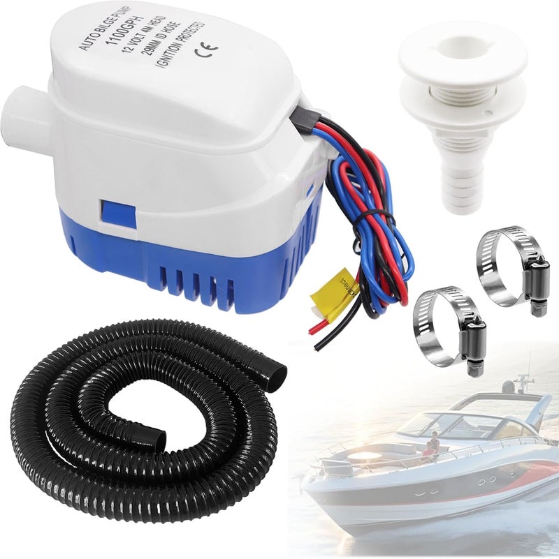 Seamaka 1-1/8 Inch Bilge Pump Installation Kit-1100gph 12v Automatic Boat Bilge Water Pump,6 FT PVC Hose,2 Hose Clamps,1-1/8 Inch ABS Thru-Hull Fitting - Image 1